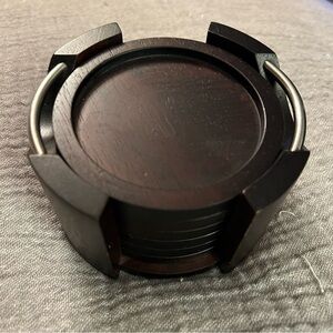 Vintage Hardwood/Metal 7-pcs Coaster Set Barware Stacking #11102510